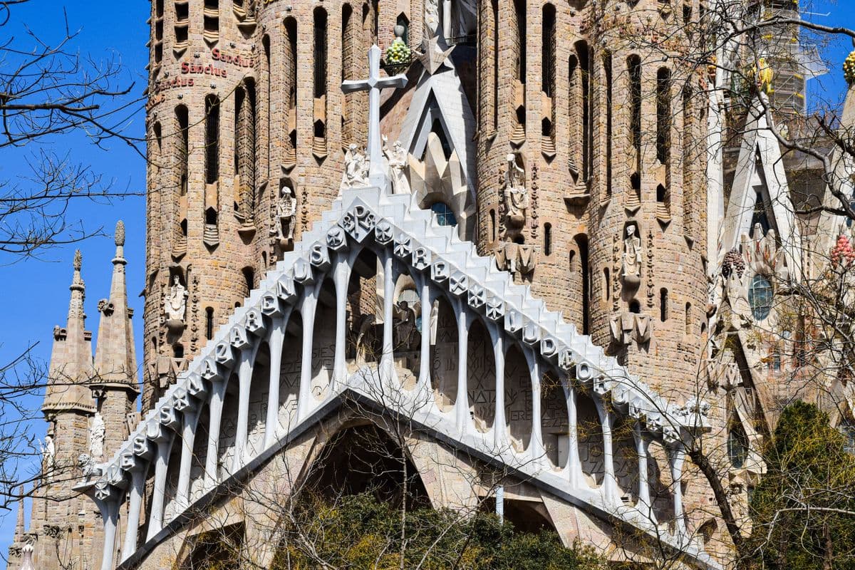 Close-up of the Sagrada Familia's intricate facade showcasing Gothic architecture in Barcelona.